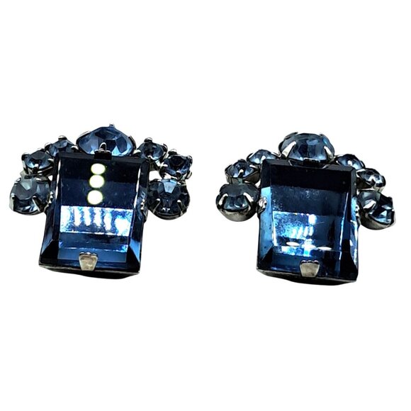 Vintage Blue Rhinestone Earrings Two Tone Blue Checkerboard Clip On Costume Jewe - Picture 3 of 10